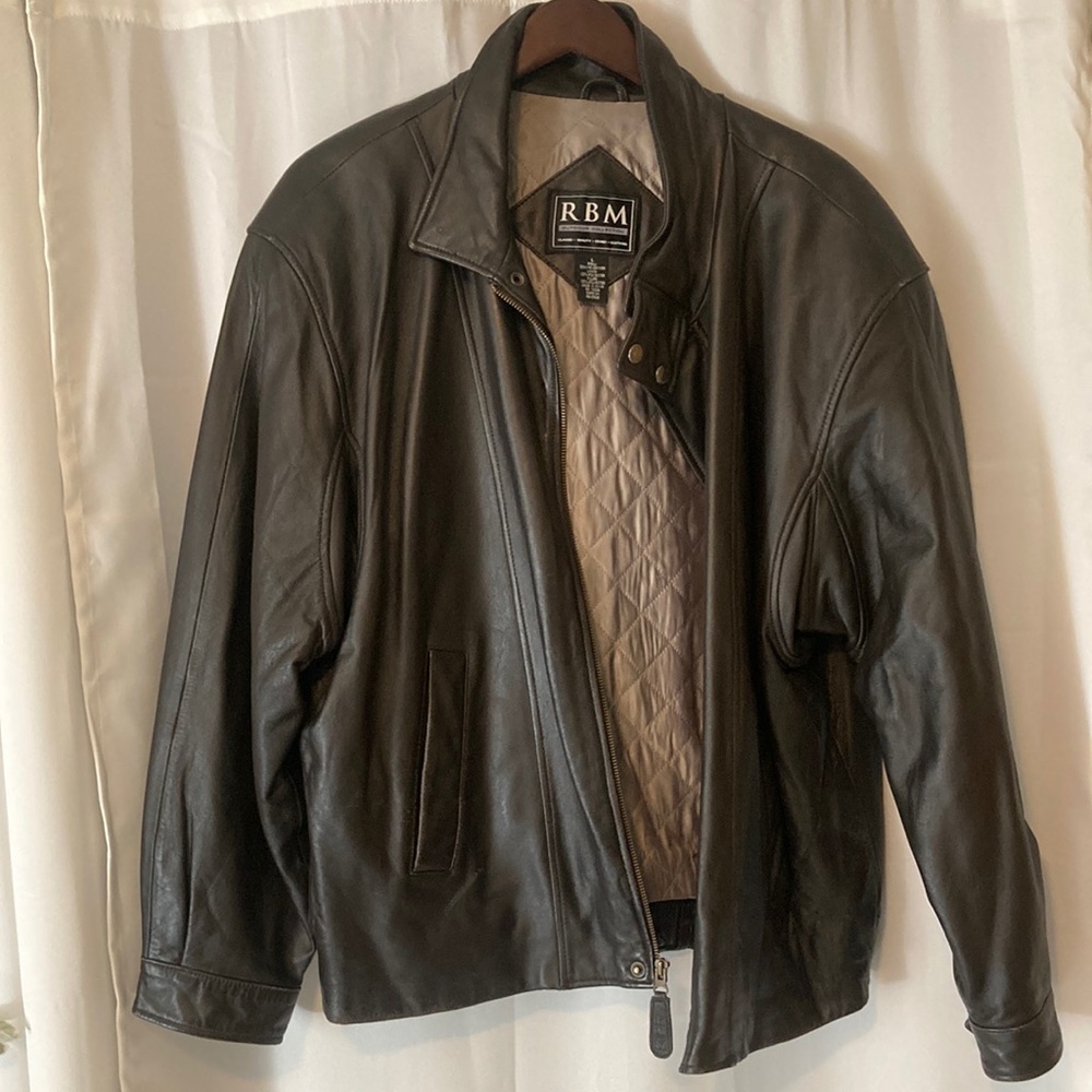 Men's Black Leather Bomber Jacket with Quilted Tan Lining